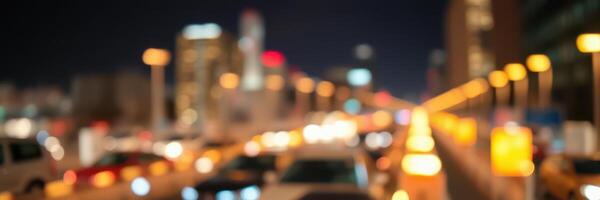 Nighttime urban traffic with blurred city lights and cars navigating busy street photo