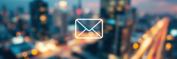 Urban skyline with blurred city lights and mail envelope icon at dusk photo