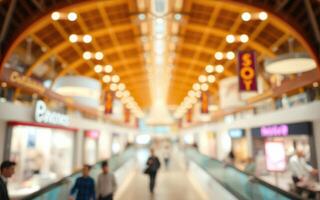 Modern shopping mall interior with stylish design and shoppers engaging in various activities throughout the day photo