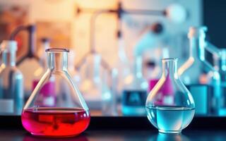 Colorful chemistry experiment showcasing glass flasks filled with red and clear liquids in a laboratory setting photo