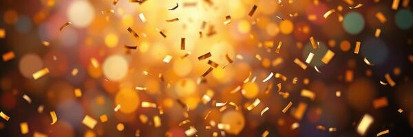 Festive golden confetti falling during a celebration with vibrant lights and a warm atmosphere photo