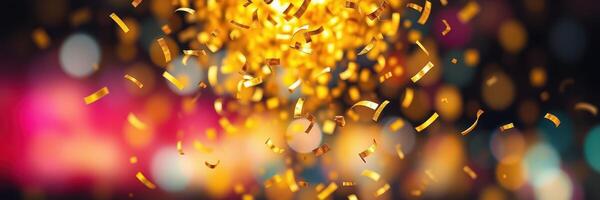 Golden confetti falls amid colorful lights at a celebration during a festive evening gathering photo