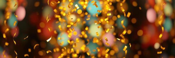 Shimmering gold confetti falls amidst colorful lights during a festive celebration at night photo