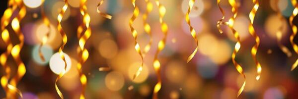 Shimmering golden streamers create a festive atmosphere for a celebration during nighttime photo