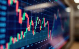 Stock market analysis showing trading trends with candlestick patterns in a busy financial office environment photo