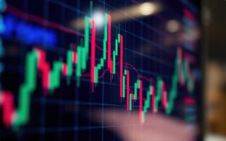 Financial market analysis showing candlestick chart with green and red indicators reflecting stock price movements photo