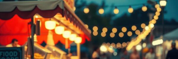 Evening market filled with food stalls and decorative lights in a lively atmosphere photo