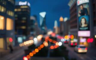 City lights shimmer at dusk with blurred traffic and vibrant billboards illuminating the street photo