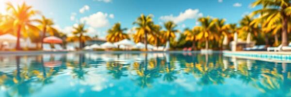 Relaxing by the pool under the sun with palm trees in a tropical resort photo