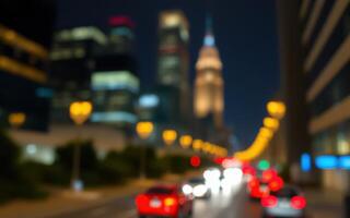 City skyline at night with blurred traffic lights and illuminated buildings in the background photo