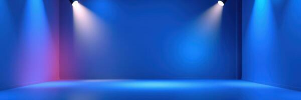 Blue and purple illuminated stage with dramatic lighting set for a performance in an indoor venue photo