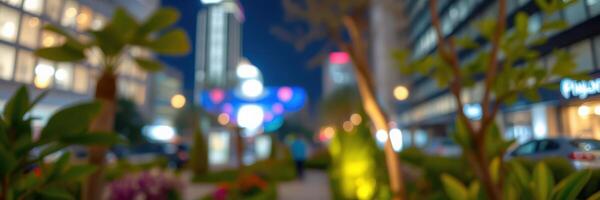 Vibrant city evening with illuminated buildings and lively atmosphere captured on a bustling street photo