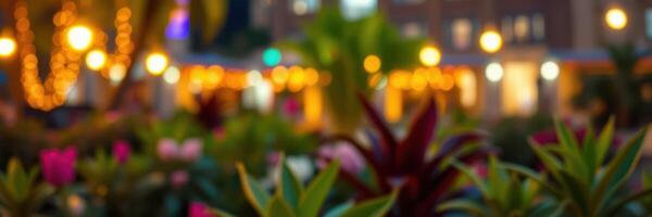 Nighttime garden filled with colorful plants and glowing lights in an urban setting photo