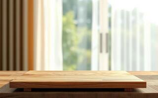Wooden countertop with natural light streaming in from large windows in a cozy kitchen space photo