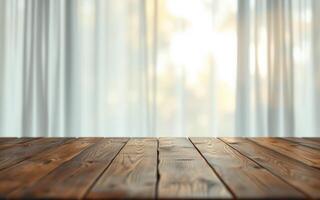 Simple wooden table background with soft natural light filtering through sheer curtains photo