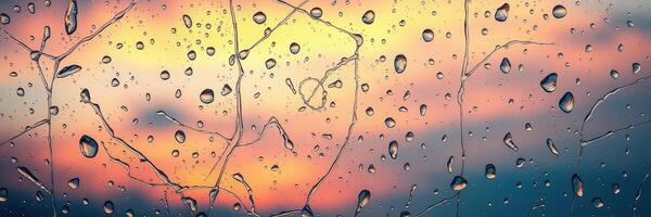 Raindrops on glass reflecting a colorful sunset with streaks of water creating intricate patterns photo