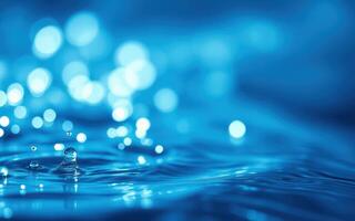 Water droplets create ripples and reflections in a serene blue background during daylight hours photo