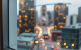City skyline at dusk with illuminated buildings and blurred lights creating a vibrant urban atmosphere photo