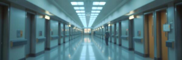 Long corridor in a modern building with bright lighting and a person walking towards the end during the day photo