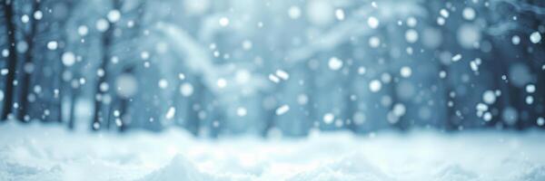 Snowflakes gently falling over a serene winter landscape near a quiet forest at dusk photo