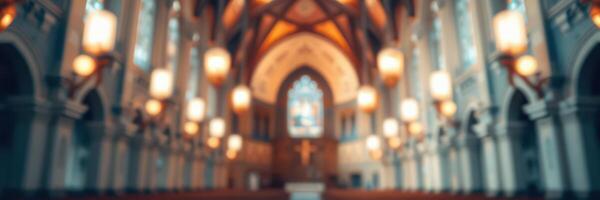 Softly illuminated interior of a grand church during evening service with warm lighting photo