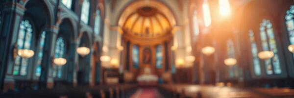 Interior of an ornate church with a warm glow from overhead lights during a quiet moment of contemplation photo