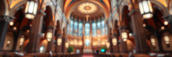 Grand interior of a historic church showcasing stunning architecture and vibrant stained glass details in soft lighting photo