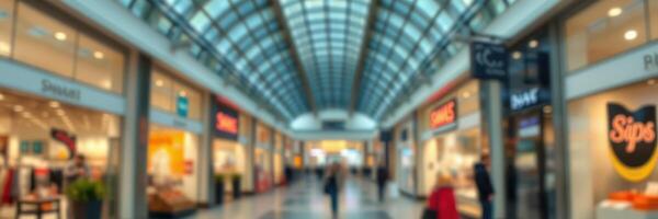 Shopping center hallway with modern architecture and blurred shoppers on a busy weekend day photo