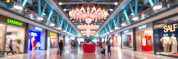 Shopping mall interior bustling with shoppers during a busy afternoon filled with vibrant storefronts and festive decorations photo