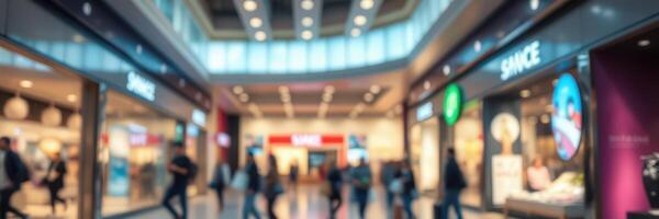 Bright and bustling shopping mall with various storefronts and shoppers enjoying their day photo