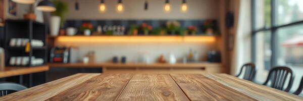 Cozy wooden table in a bright cafe with plants and warm lighting during a sunny day photo