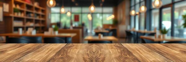 Warm wooden table in a cozy cafe with soft lighting and modern decor during daytime photo