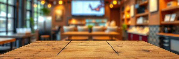 Rustic wooden table in a warm cafe interior with ambient lighting and cozy atmosphere photo