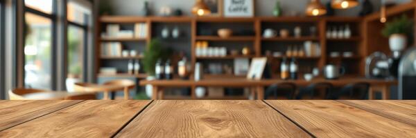 Wooden table in a cozy coffee shop with shelves filled with beverages and plants during afternoon hours photo