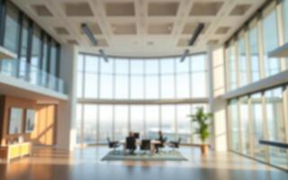 Modern office interior with large windows showcasing city skyline during daytime photo