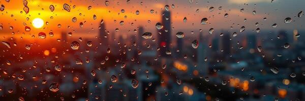 Sunset over a city skyline with raindrops on a windowpane during evening hours photo