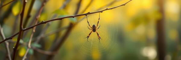 Golden hour captures a spider spinning its web in a vibrant forest setting with autumn foliage photo