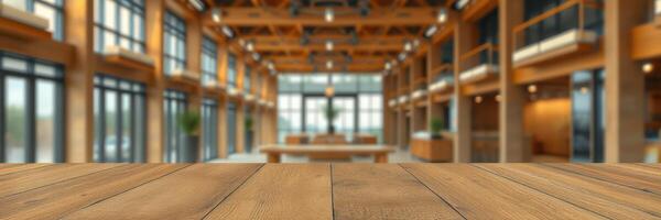Spacious interior design featuring wooden accents and large windows in a contemporary building with natural light photo