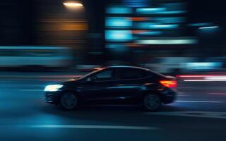 Dark car speeding through a vibrant city street at night amidst colorful lights and moving traffic photo