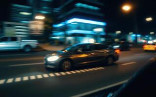 Nighttime city street with a moving vehicle and illuminated buildings along the road photo