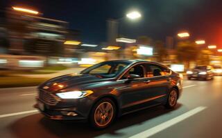 Car speeding through city streets at night with vibrant lights in the background photo