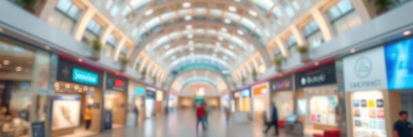 Shopping center interior with modern architecture and various retail stores during busy afternoon hours photo