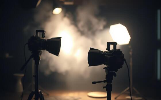 Studio setup with lighting and cameras ready for a creative photoshoot experience in a dimly lit space photo