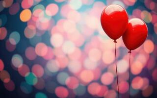 Two red balloons float against a colorful bokeh background, adding a festive and cheerful atmosphere to the celebration photo