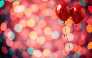 Red balloons symbolizing love float against a colorful, bokeh background during a celebration or special occasion photo