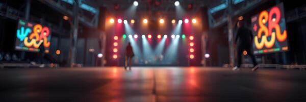 Stage set for an exciting music event with vibrant lights and a dynamic atmosphere in an urban venue photo