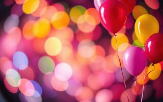 Colorful balloons floating against a vibrant background of blurred lights during a festive celebration photo
