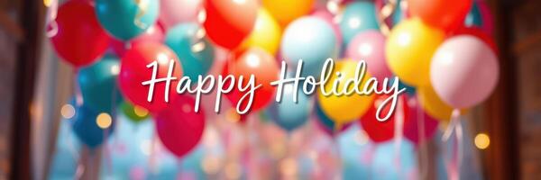 Colorful balloons adorn a festive walkway celebrating happy holidays with vibrant decorations and cheerful atmosphere photo