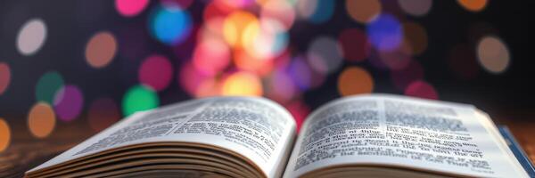 Open book on a wooden table with colorful bokeh lights in the background during a tranquil evening setting photo