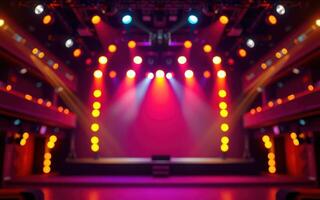 Colorful stage lights illuminate a performing arts venue ready for an exciting show photo